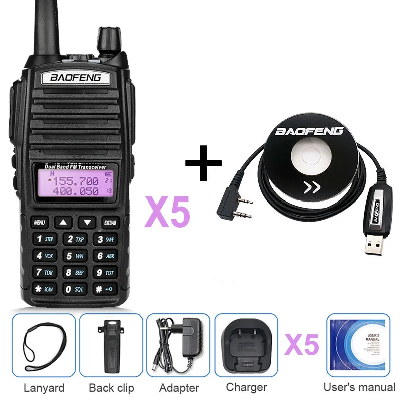 5 шт. BAOFENG UV-82 UV82 8 Вт двойной PTT рация 10 км VHF УВЧ морской радиоприемопередатчик VOX скремблер Ham радиостанция UV 82 - Цвет: add 1cable