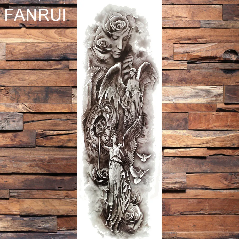 FANRUI Goddess Of Wisdom Athena Temporary Tattoos Full Arm Black Sun God Tattoo Sticker Long Flowers Water Transfer Fake Tatoos | Красота и