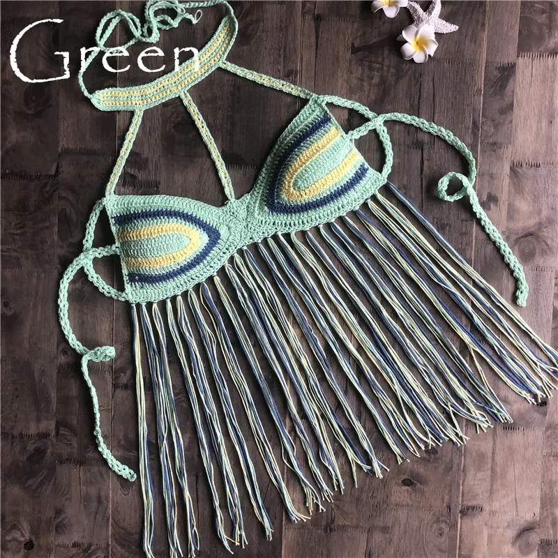 green Бикини Крючком черный сексуальный женский топ с кисточками Boho пляжный купальник бахрома вязаная крючком бикини бюстгальтер с бретельками - Цвет: green