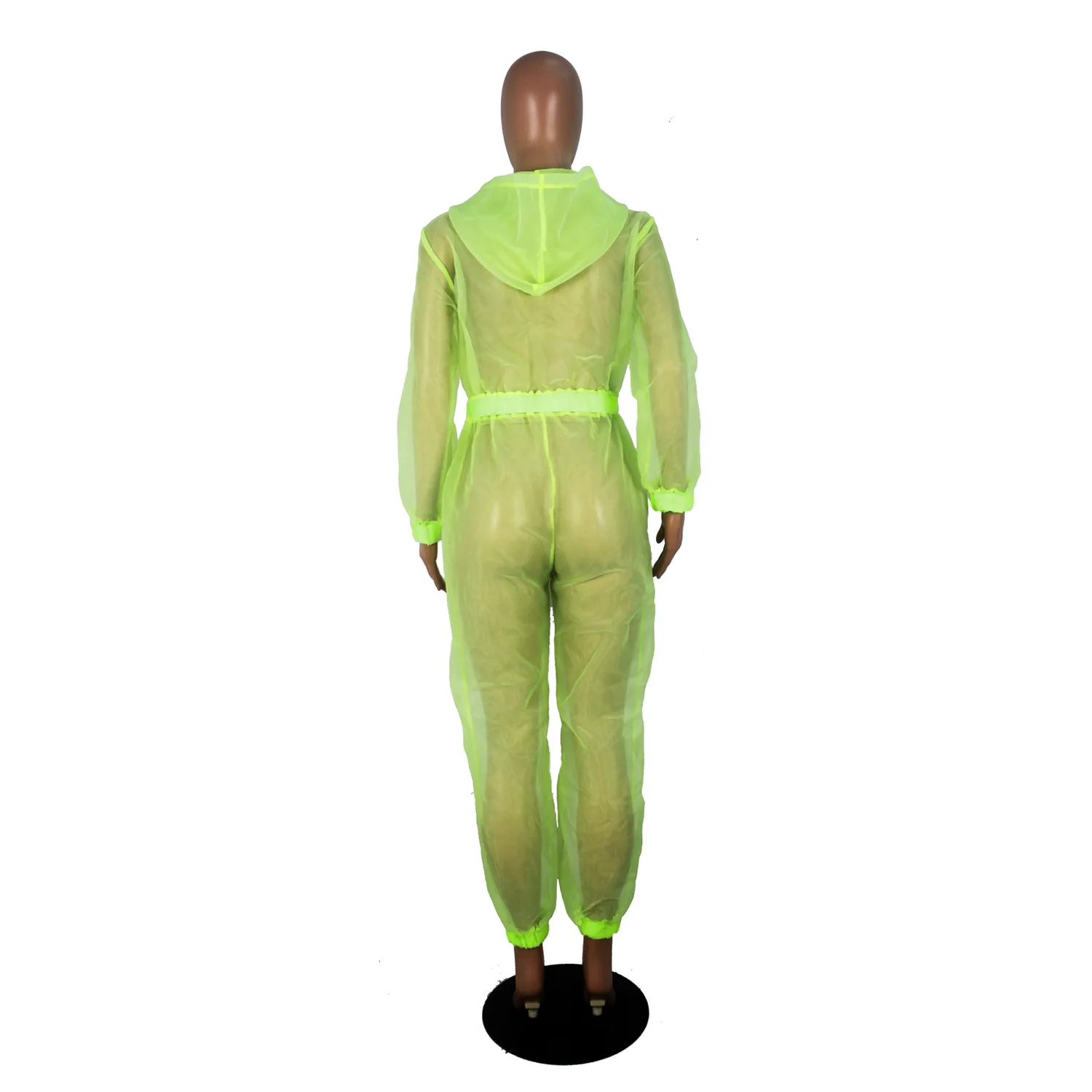 

HAOOHU Neon Green Mesh Sheer Sexy Rompers Womens Jumpsuit Streetwear Summer Overalls Long Sleeve Hooded Casual Loose Jumpsuit