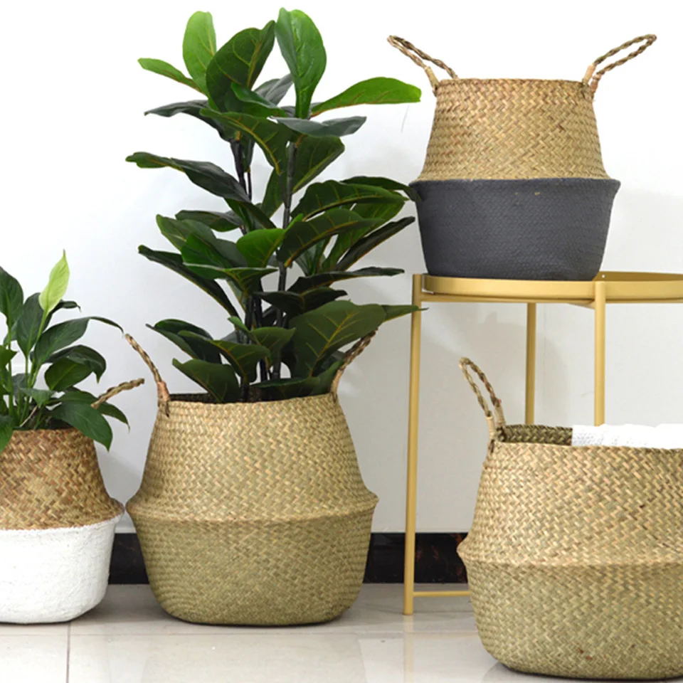 Wicker Baskets For Plants Foldable Natural Woven Seagrass Belly Storage Basket Rattan Flower Pots Laundry | Дом и сад