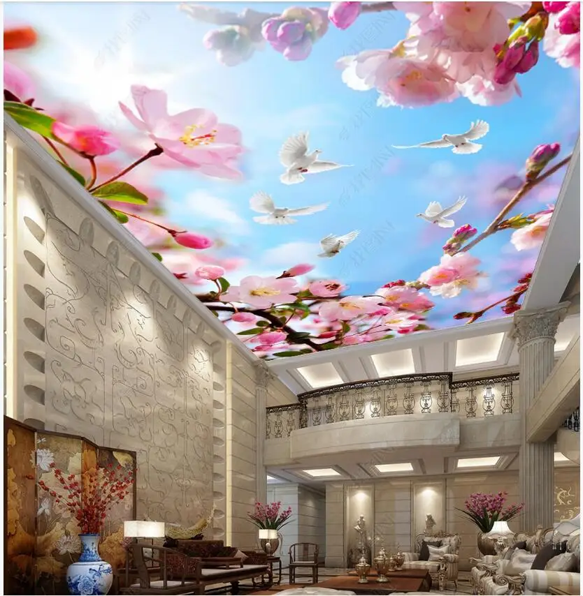 

WDBH 3d ceiling mural wallpaper custom photo Beautiful flower branch dove blue sky and white clouds room wallpaper for walls 3 d