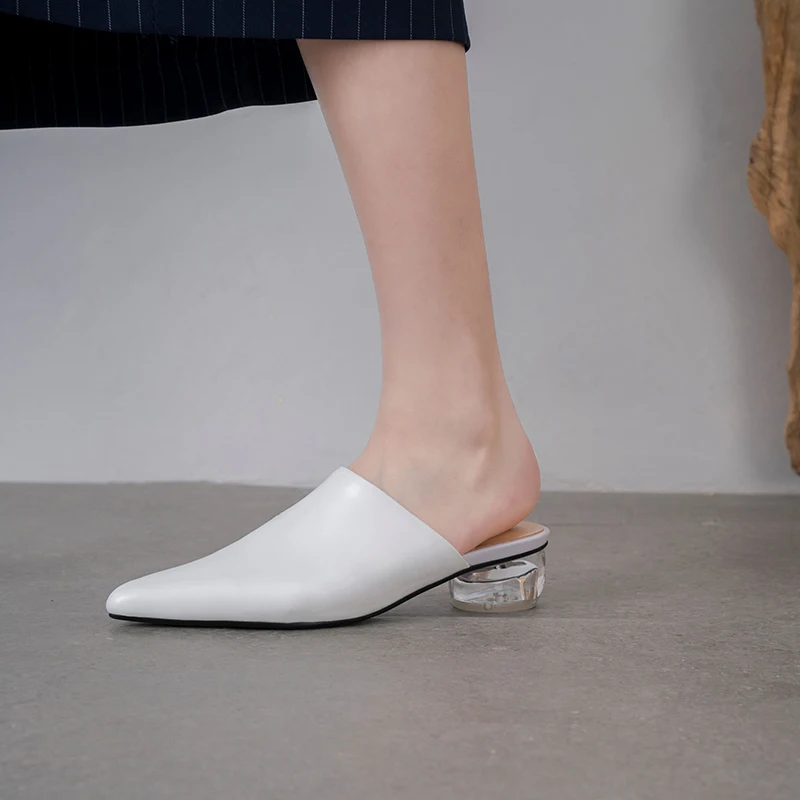 

ISNOM Genuine Leather Slippers Woman Pointed Toe Footwear Crystal Heels Slides Shoes Female Mules Shoes Women Summer 2019 New