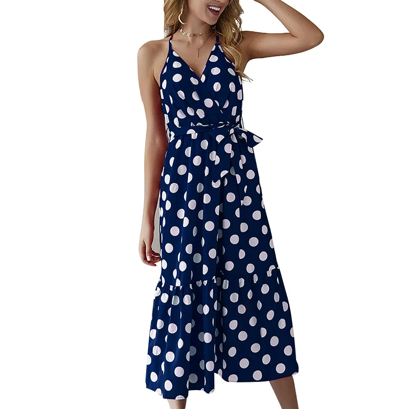 Женский винтажный сарафан в горошек с V образным вырезом и открытой