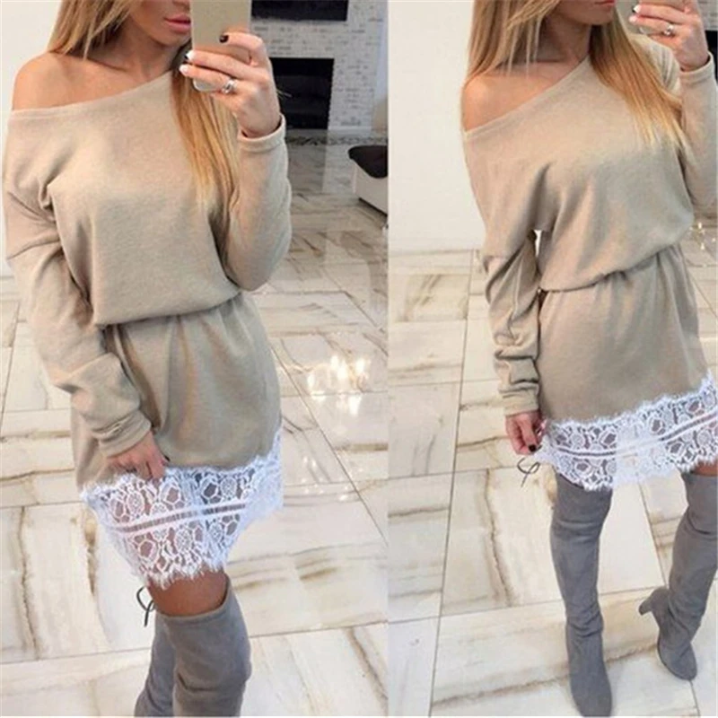 Vestido Dresses Cotton Sexy Lace Patchwork Slash Neck Loose Mini Dress Batwing Sleeve Women Lady 2017 Knitted Autumn Summer HOT | Женская