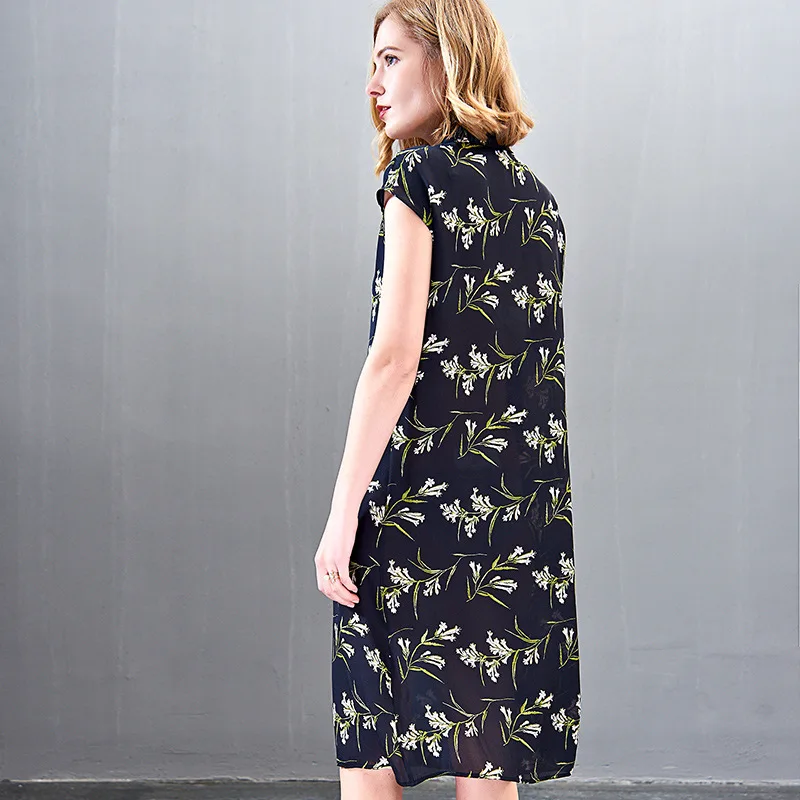 Летние платья из 100% шелка новые средней длины с принтом и пуговицами|Женские