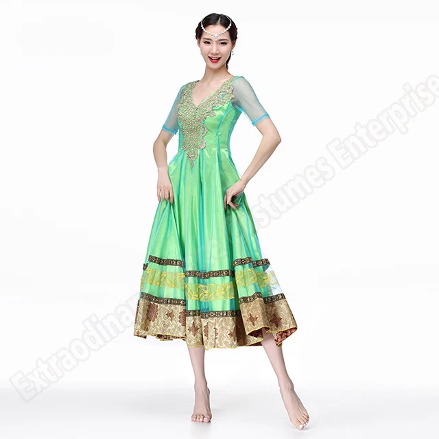 Green-1pcs Женский танец живота Болливуд костюмы индийский танец живота платье юбки Производительность спинки ручной вышивкой рукав длинная юбка - Цвет: Green-1pcs