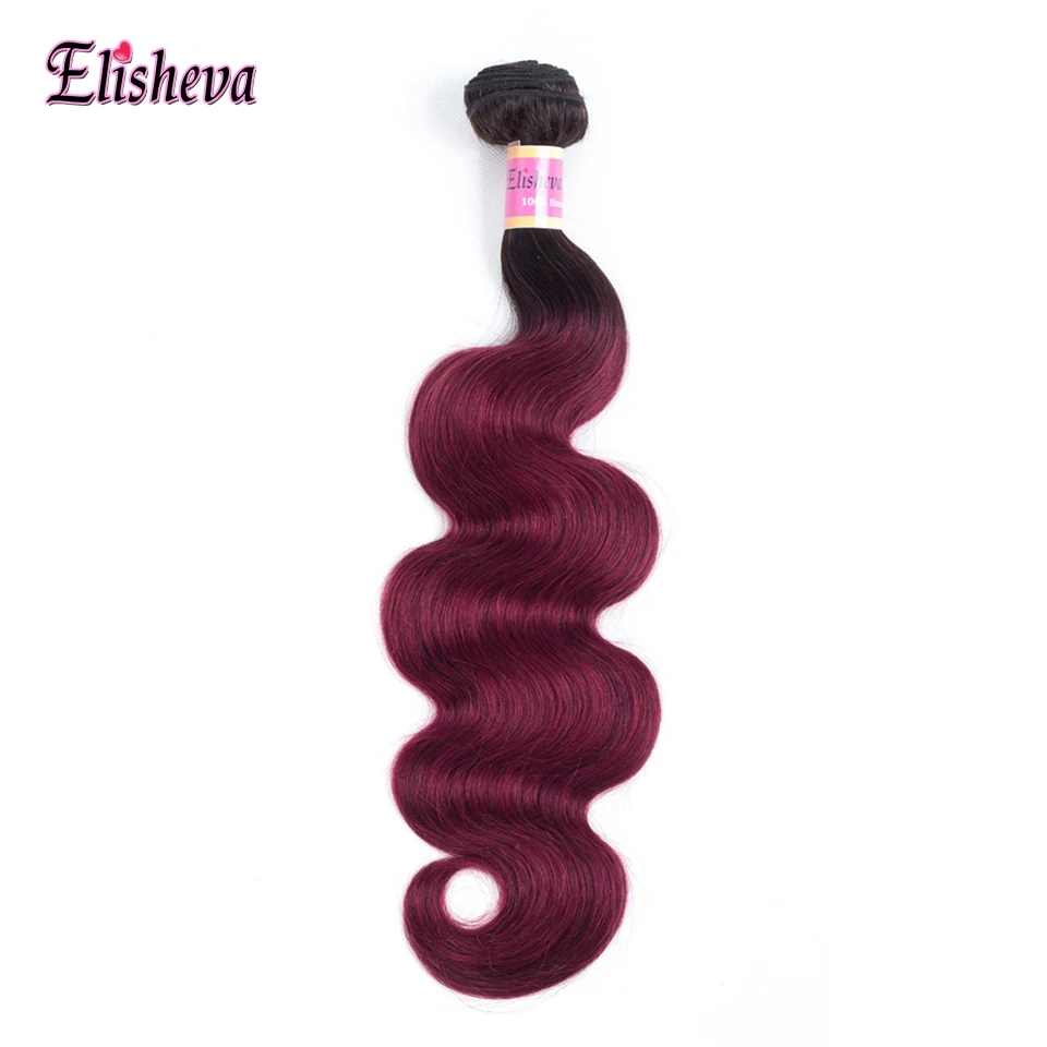 Elisheva темные корни Ombre красный человеческих волос Связки с кружевом Закрытие 1B/Бурганды Бразильский объемная волна Ombre Связки с застежка