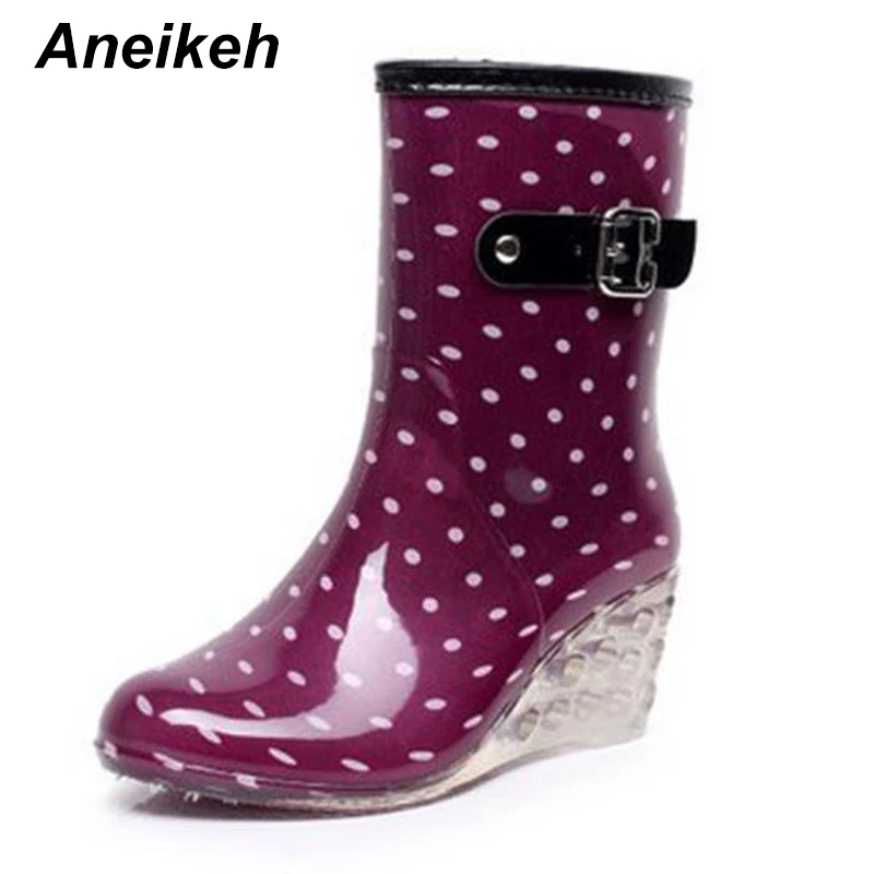 Aneikeh/Новинка Модные женские сапоги на высокой танкетке Короткие резиновые с