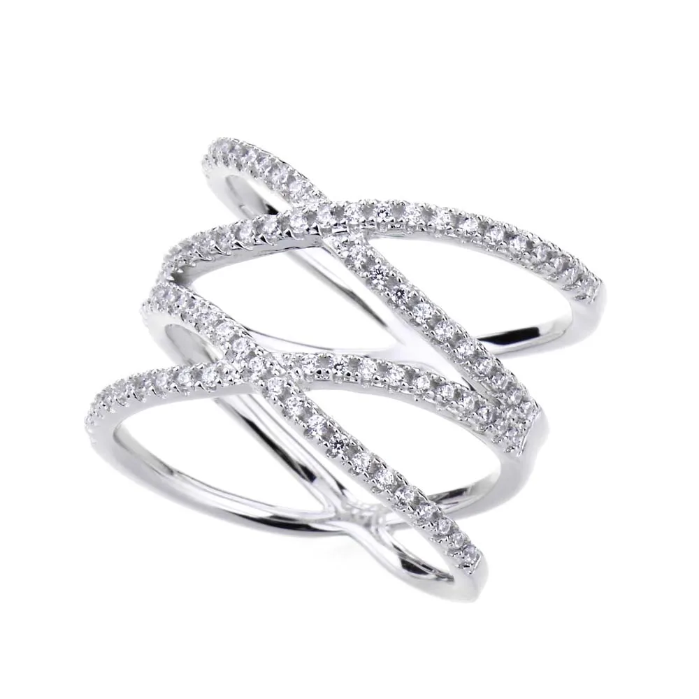 Женские Micro Pave Цирконий 925 Серебряное кольцо двойной с принтом крестик длинные