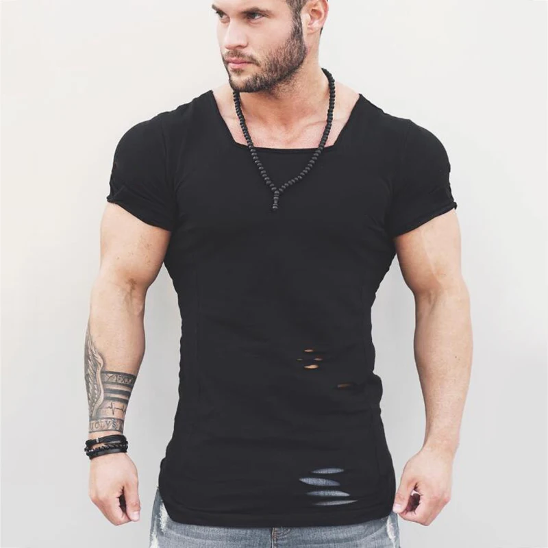 Muscleguys брендовая однотонная мужская футболка 2019 Новая мода хип-хоп удлиненная