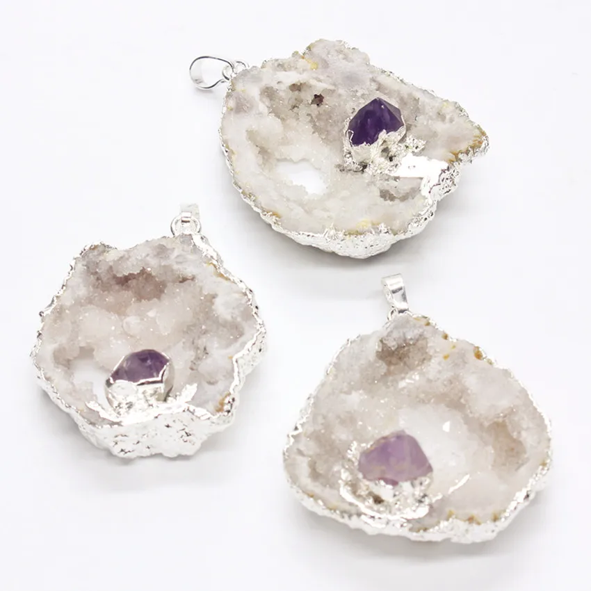 Модный-бусины уникальный посеребренный неправильной формы геод Природный рок-кристалл с фиолетовый кулон аметисты
