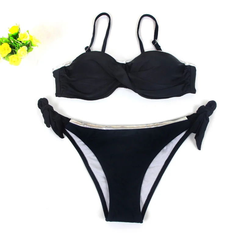 C16155 Black Push Up Sexy Bikini Swimwear Women New Large Size Halter Swimsuit Bikini Brazilian Beachwear Bathing Suit Women Two Pieces - Цвет: C16155 Black