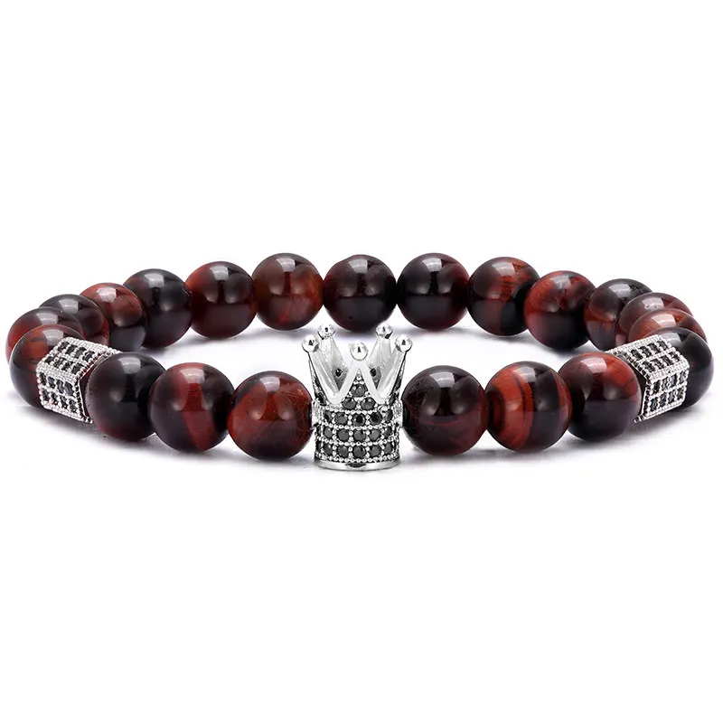 Браслет мужской из натурального камня тигровый глаз с бусинами и короной |