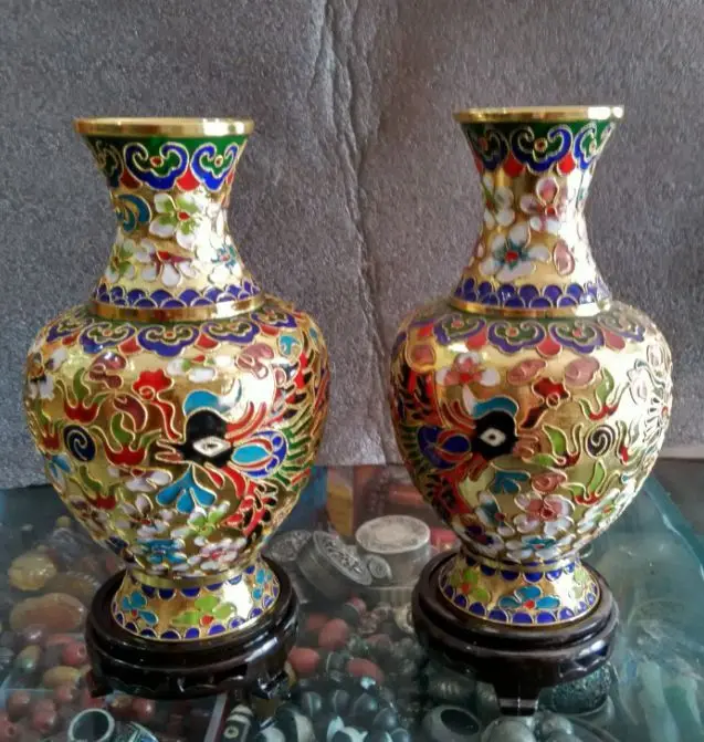 7 88 дюйма/Китайская гардеробная резьба по паре драконов и phoenixes вазы|chinese vase|cloisonne