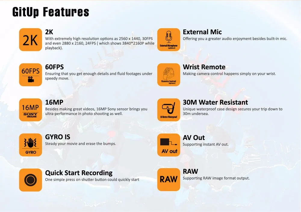 GitUP Git2 P экшн камера 2 К Wifi Спорт DV PRO Full HD 1080 P 30 м Водонепроницаемый мини Видеокамеры 1.5 дюймов Новатэк 96660 Cam экшен камера