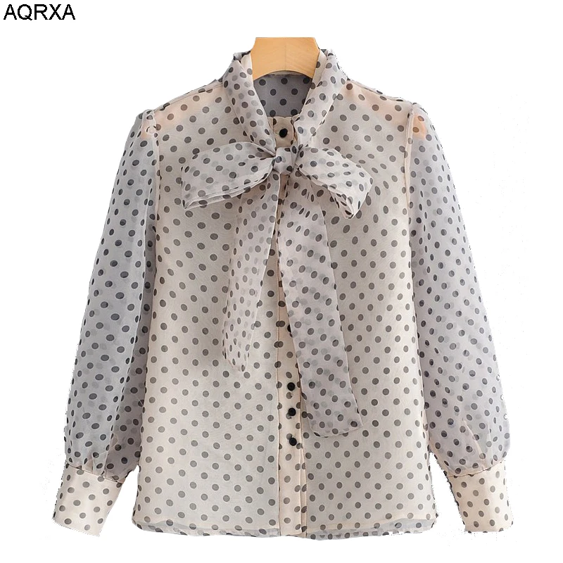 Женская муслиновая пряжа Сексуальная рубашка с длинными рукавами dotty bowtie шеи