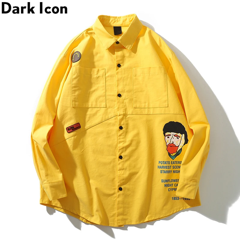 Dark Icon Letters Print Turn-down Collar Men's Shirt Long Sleeve Oversized Shirts Men Street for Yellow/Black | Мужская одежда
