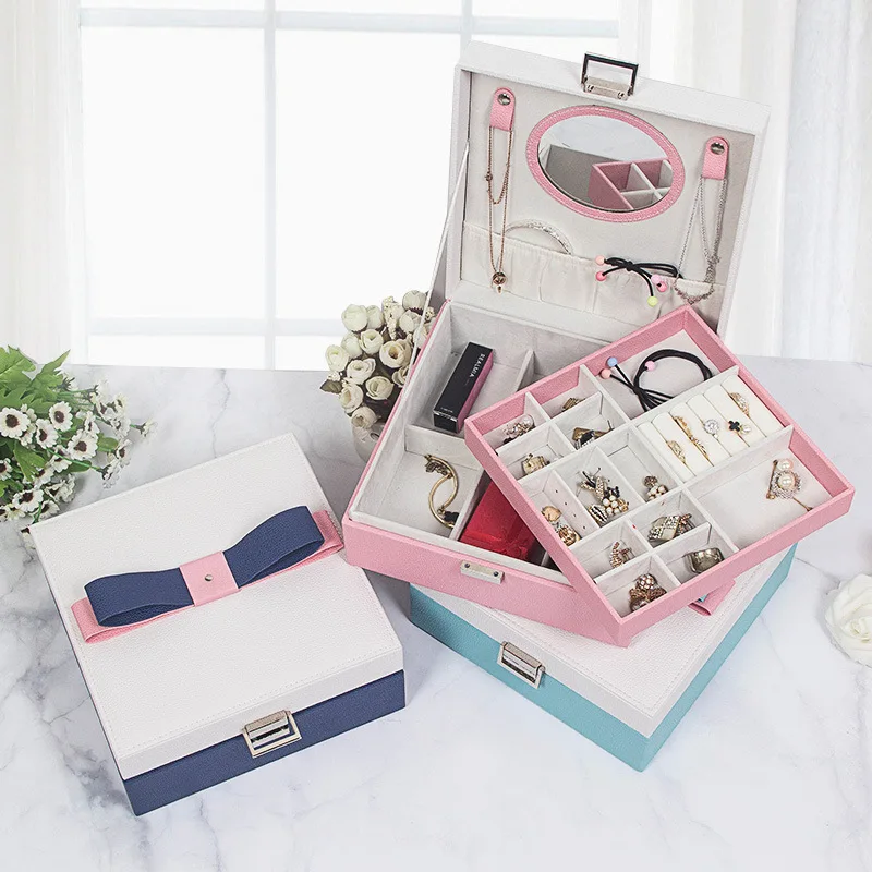 2019 новая шкатулка для украшений двухслойная коробка хранения с зеркалом 4 цвета
