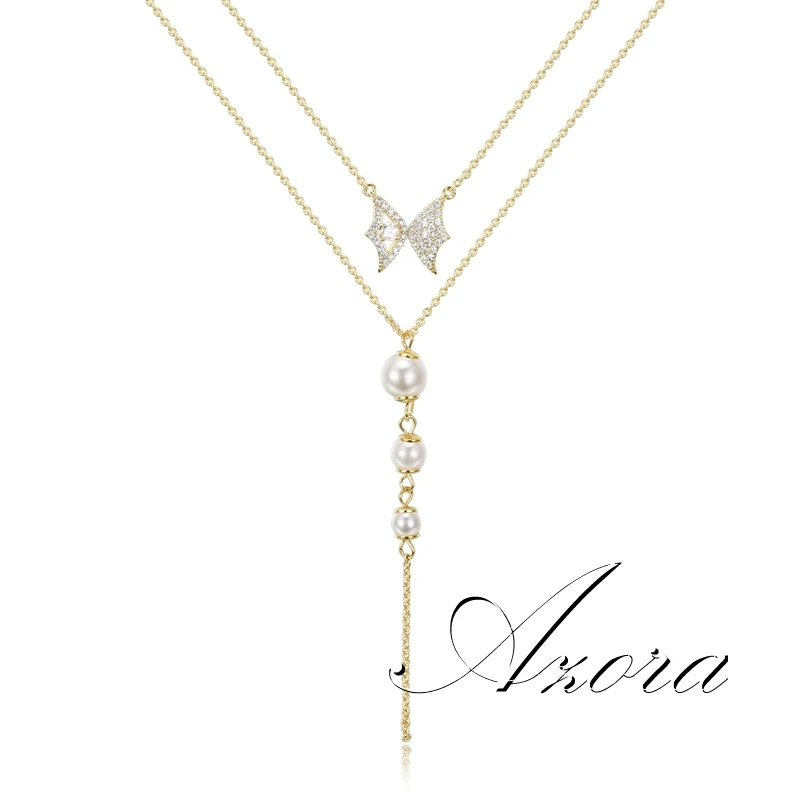 AZORA, Двойная Цепочка, роскошное, прозрачное, кубический цирконий, Бабочка, жемчуг, подвеска, ожерелье для женщин, свитер, цепь, кисточка, ювелирное изделие, TN0281