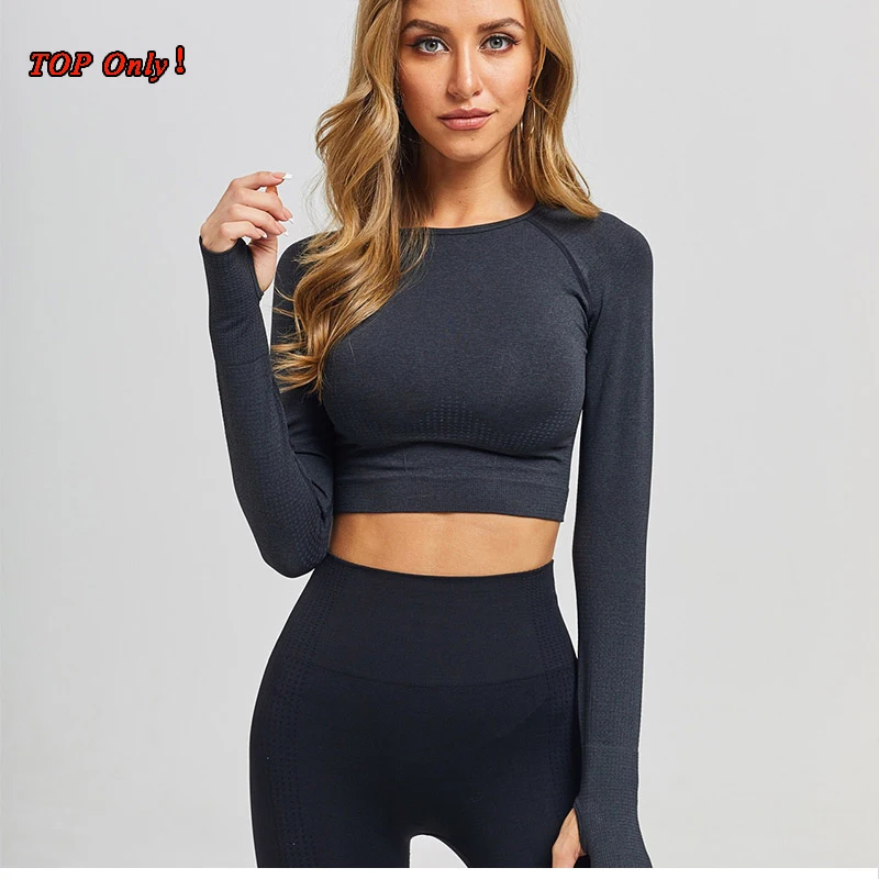 long sleeve top BK Бесшовный комплект для йоги, Леггинсы для йоги штаны, комплект для тренировок, одежда без рукавов, женская одежда для фитнеса, тренажерного зала, комплект для спортзала, короткий топ с длинным рукавом - Цвет: long sleeve top BK