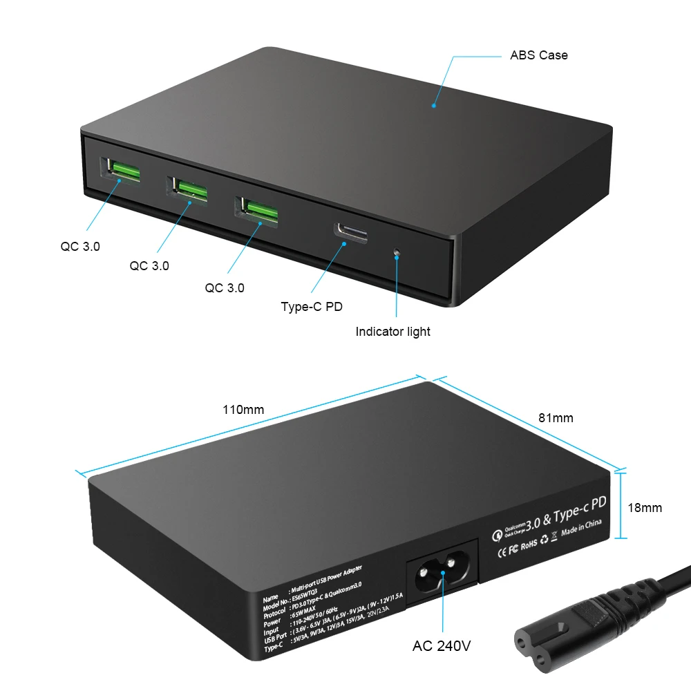 3 портовое usb зарядное устройство 1 Быстрая зарядка PD3.0 Type C & QC3.0 адаптер питания