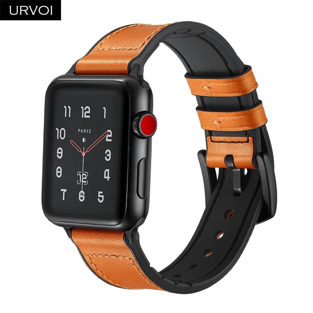 URVOI ремешок для apple watch серии 4, версия 1, 2, 3, ремешок кожаный ремешок Силиконовая задняя крышка для наручных часов iwatch, пояс из дышащего материала 38/40 42/44 мм, черные, с ремешками на пряжках