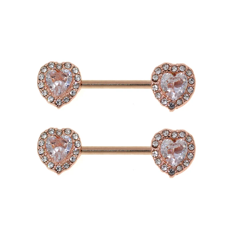 Rose gold Hart 14 г Летний стиль 2 шт пирсинг для сосков серьги Модные пирсинг для тела Пирсинг Большой Циркон сосков штанга бижутерия для тела для женщин девушек - Окраска металла: Rose gold Hart