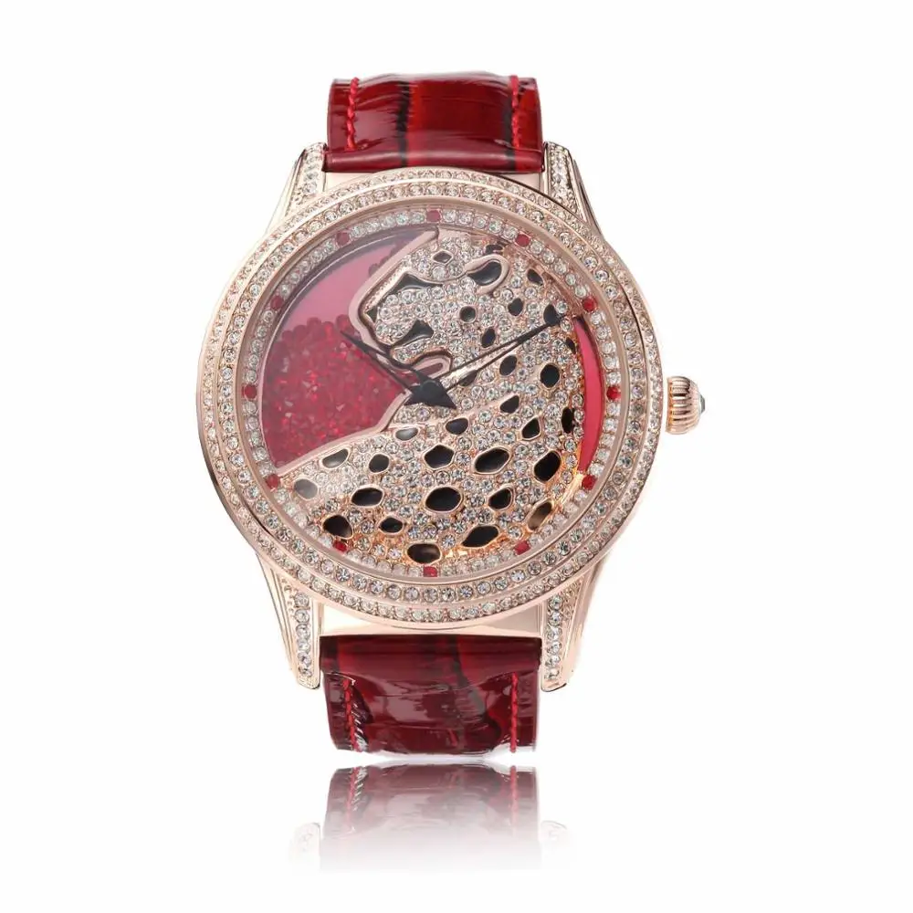 Red Princess Butterfly бренд Леопард с кристаллами часы женские OEM зыбучие пески циферблат кожа водонепроницаемый кварцевые роскошные фиолетовые часы женские наручные - Цвет: Red
