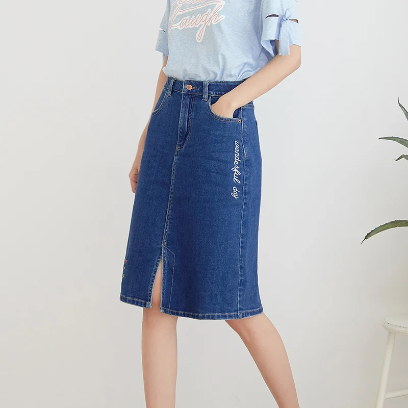 Женская джинсовая юбка стрейч LEIJIJEANS, всесезонная модная синяя трапециевидная юбка из денима до колена, с вышивкой, большие размеры