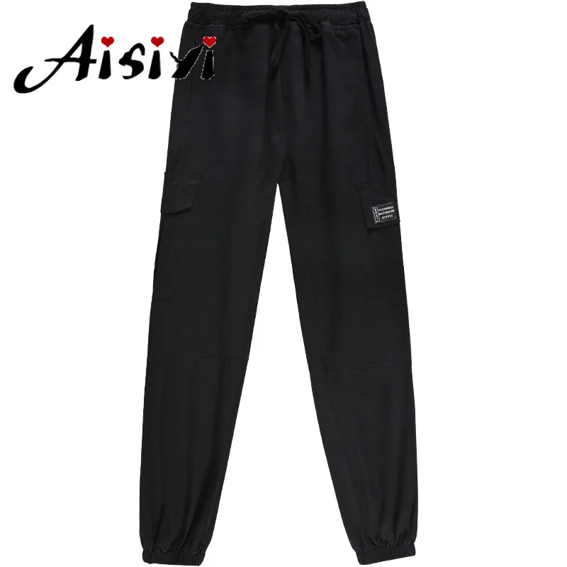 Aisiyi/черные джинсы с высокой талией для женщин Свободные повседневные брюки-карго