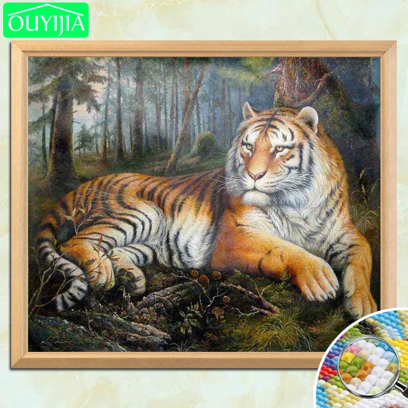 Алмазная 5D картина Тигр лежа в лесу OUYIJIA сделай сам полноразмерная вышивка из