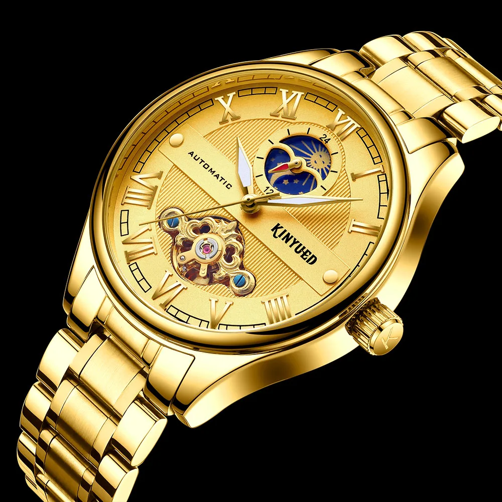 KINYUED механические деловые часы мужские Moon Phase Мужские s наручные золотые Tourbillon