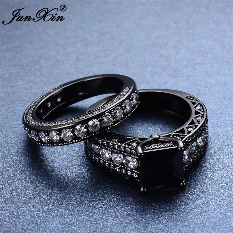 

JUNXIN New Fashion Big Geometric Ring Sets Black Gold Filled Crystal Jewelry Vintage Wedding Rings For Men And Women Gifts