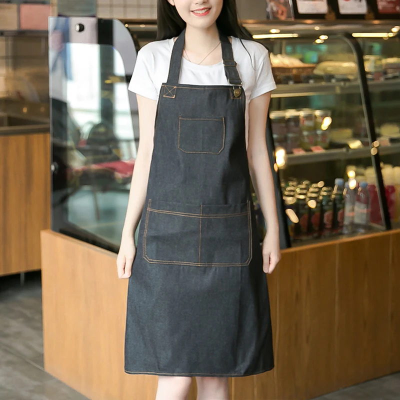 

Cotton Denim Apron Pockets Kitchen Chef BBQ Housework Cooking Coffee Adjustable