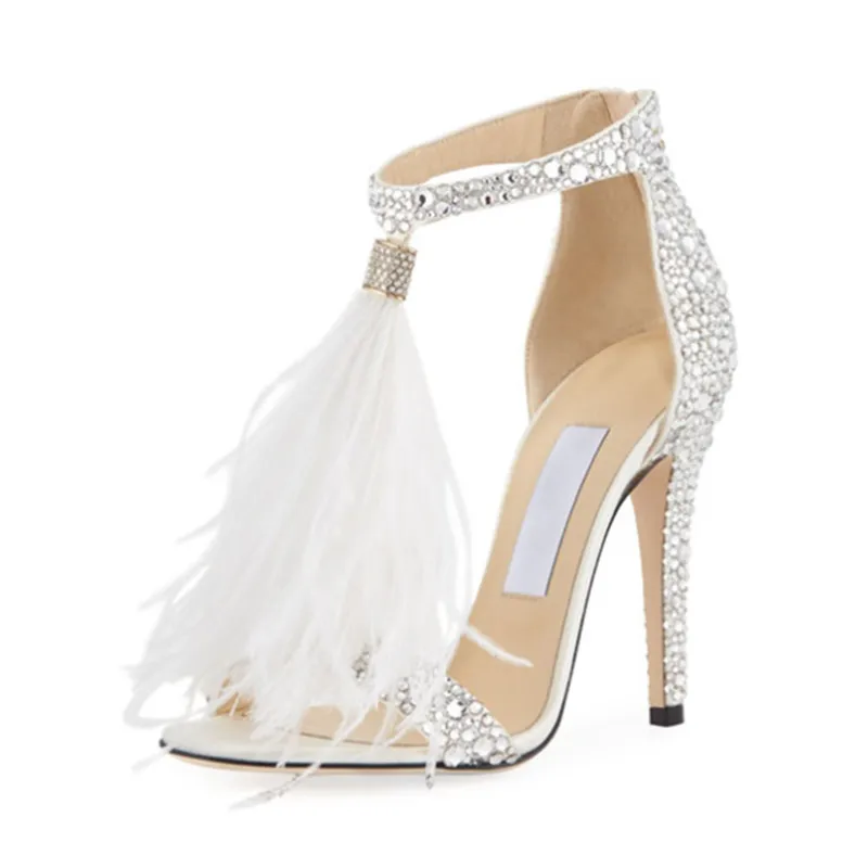 

EMMA KING Luxury Crystal Wedding Party Shoes White Feather Women Sandals Female Summer Shoes Sexy Stiletto High Heels For Woman