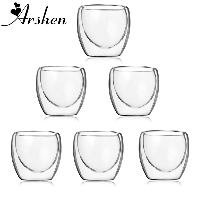 

Arshen 6pcs/Set 80ml Double Wall Glass Clear Handmade Heat Resistant Mini Tea Drink Healthy Drink Mug Coffee Insulated Glass