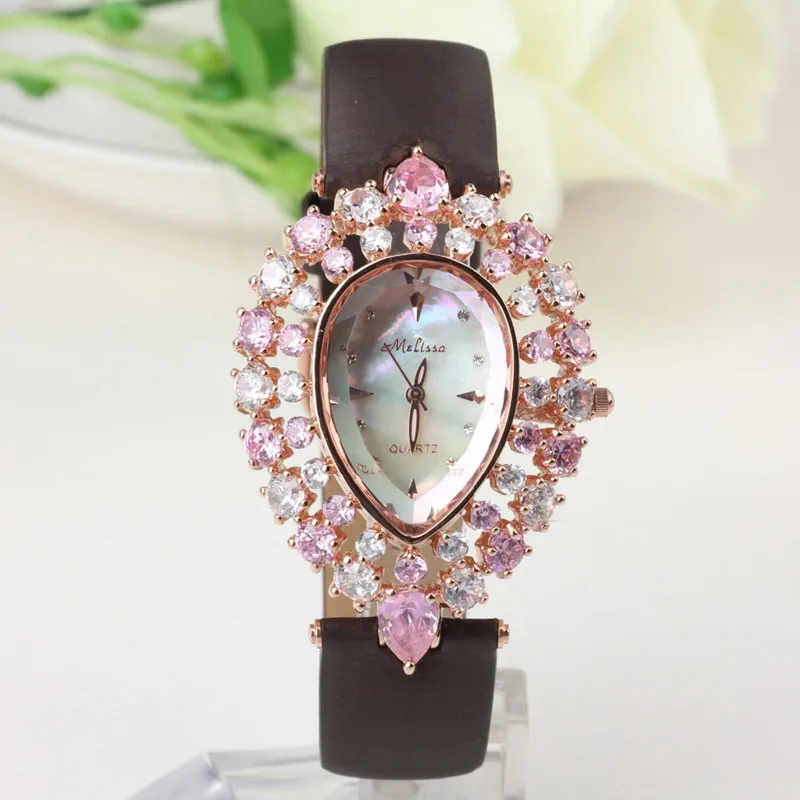 

Melissa Luxury Jewelry Watch Brand Women Rhinestone Watches Leather Japan Quartz Oval Dress Wristwatch Hollow Femme Montre Shell