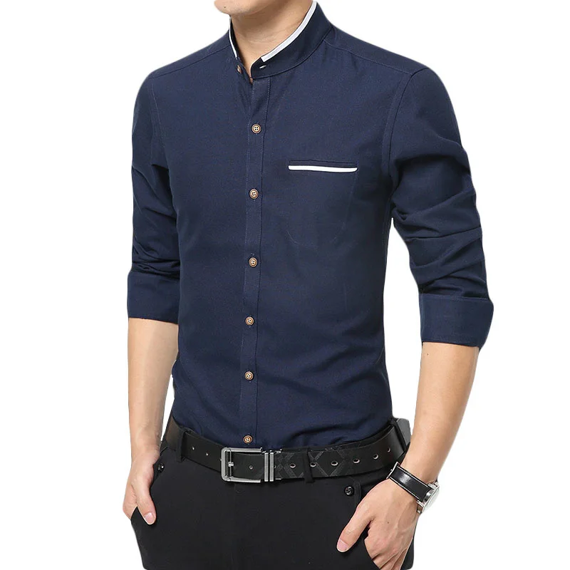 

2019New style Male High quality pure cotton slim Fit long sleeve shirts/men Stand collar Pure color business Casual shirts S-5XL