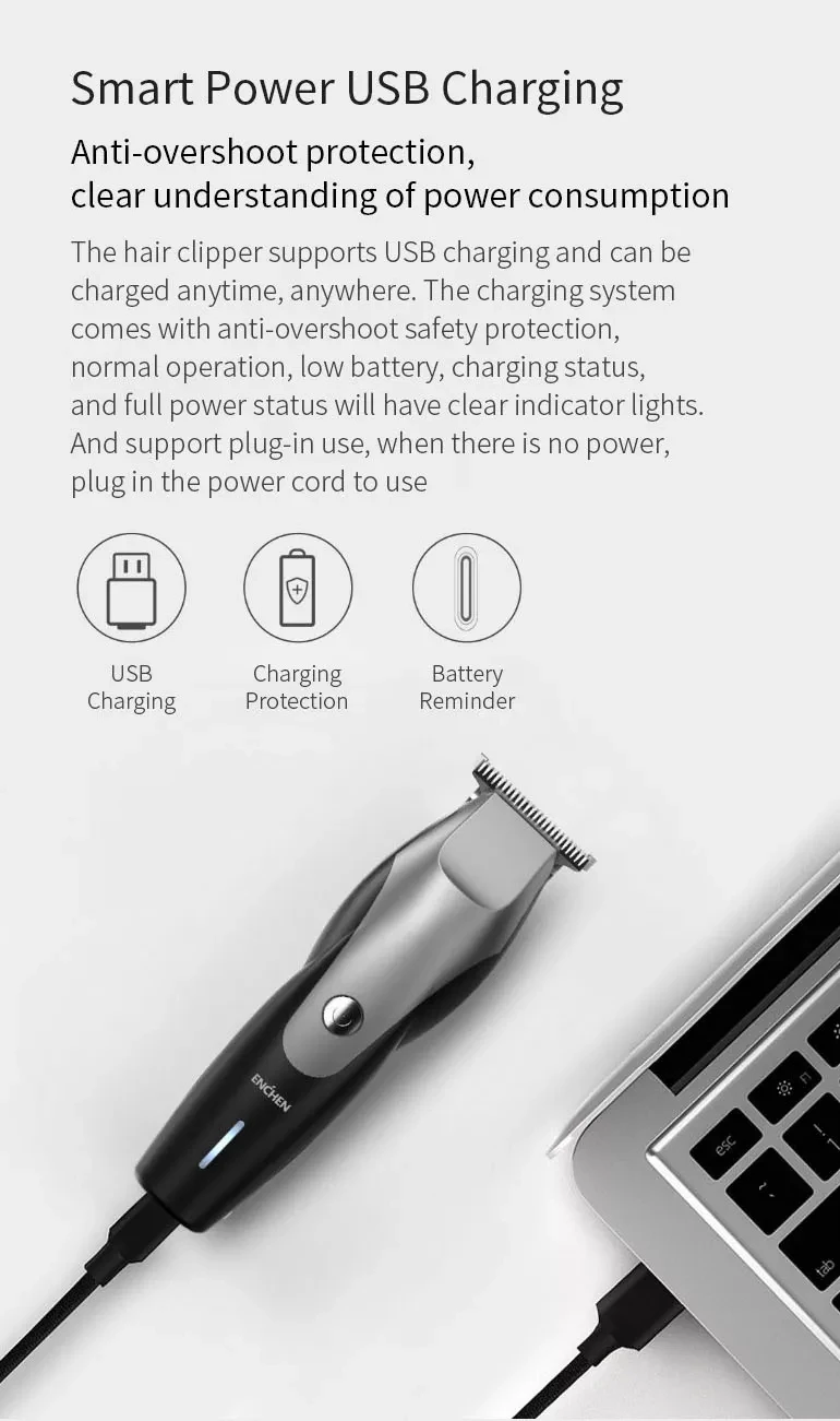Профессиональная электрическая машинка для стрижки волос Xiaomi ENCHEN Hummingbird, 10 Вт, 110 В-240 В, низкий уровень шума, перезаряжаемый мужской триммер с 3 гребнями для волос