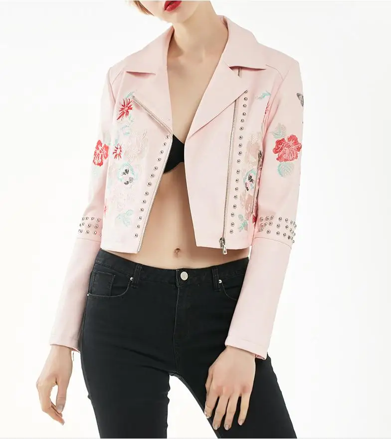 Женская кожаная куртка с бисером и вышивкой модель wj1021 на весну осень 2019|jackets