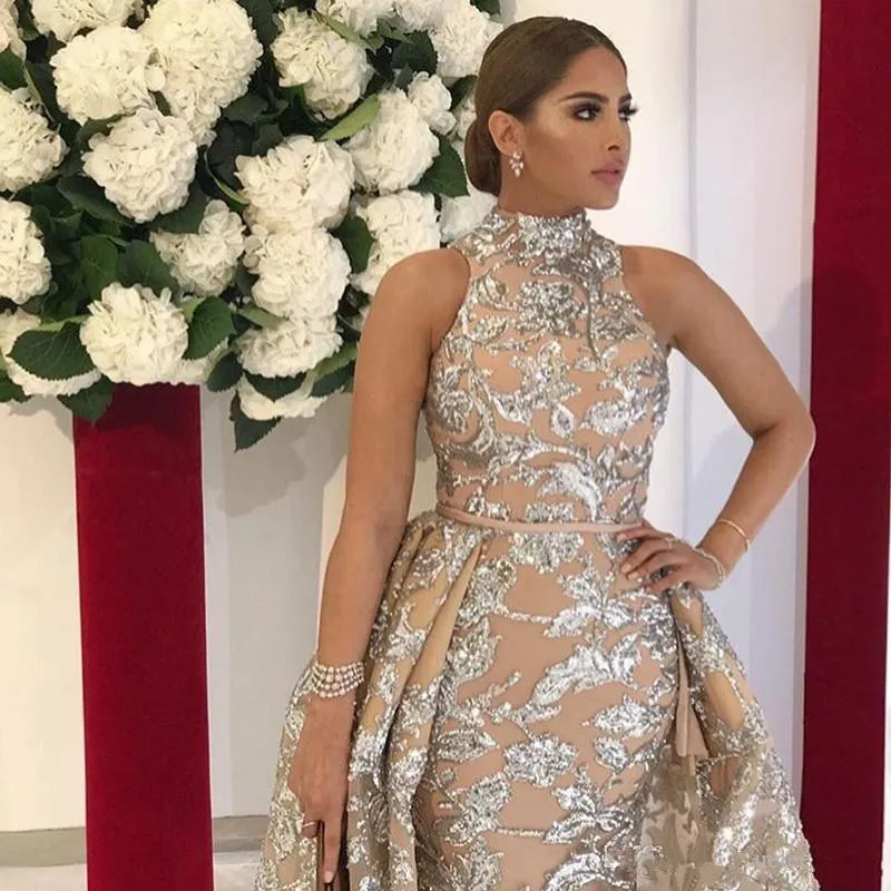 

Champagne Robe De Soiree Mermaid High Collar Lace Sequins Muslim Arabic Sexy Long Prom Dresses Prom Gown Evening Dresses