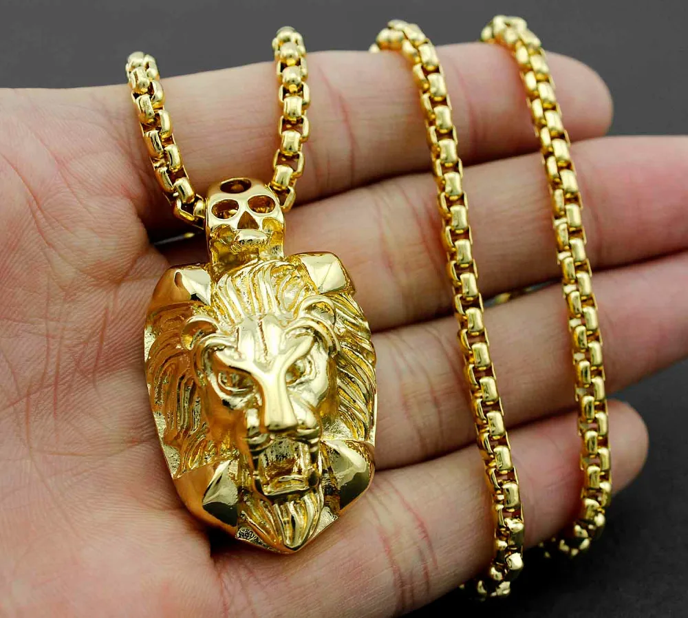 Байкерская Золотая нержавеющая сталь голова льва Мужская Подвеска Ожерелье |