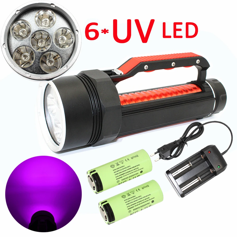 395nm 6x UV LED Diving Flashlight Underwater Ultraviolet Purple Light Lamp Waterproof Dive Torch +2x 22650 Battery +Charger