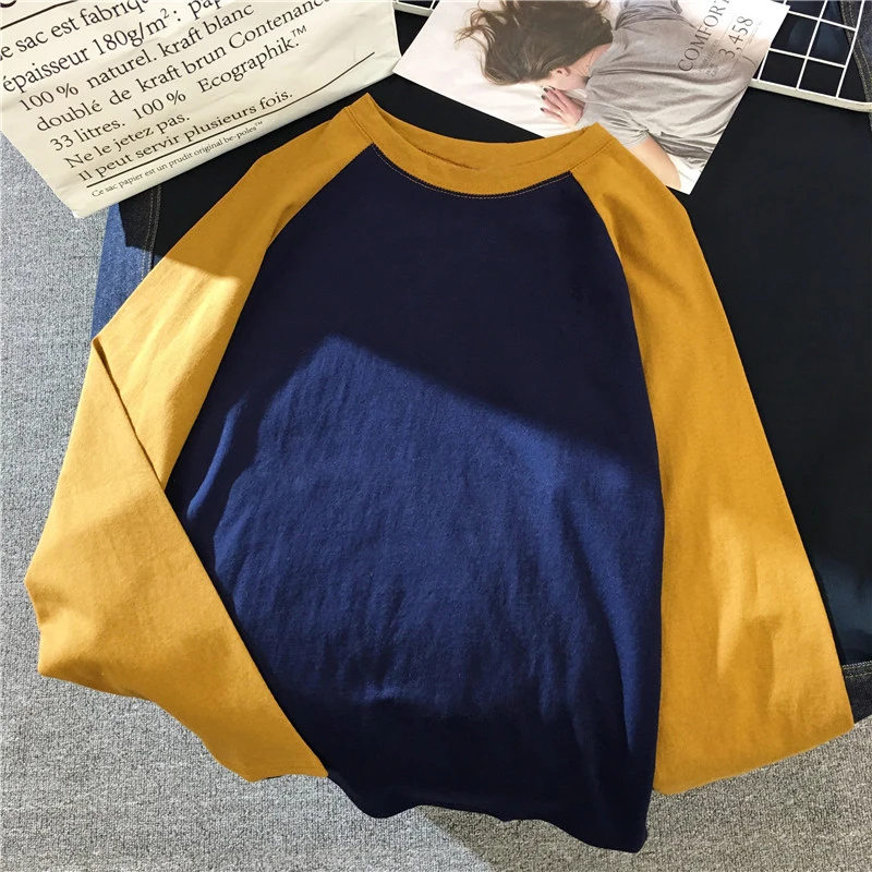 navy blue Футболки для женщин с длинными рукавами в Корейском стиле; простой, подходит ко всему, в стиле пэчворк, женские элегантные туфли для отдыха с круглым вырезом для девушек-студенток прекрасный мод - Цвет: navy blue