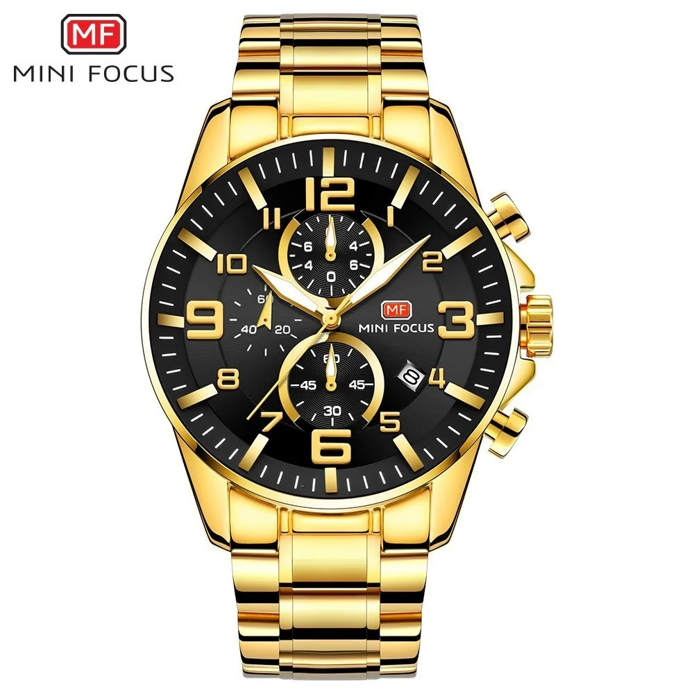 gold black MINIFOCUS спортивные часы мужские роскошные брендовые золотые часы из нержавеющей стали мужские часы кварцевые наручные часы с хронографом для мужчин бизнес - Цвет: gold black