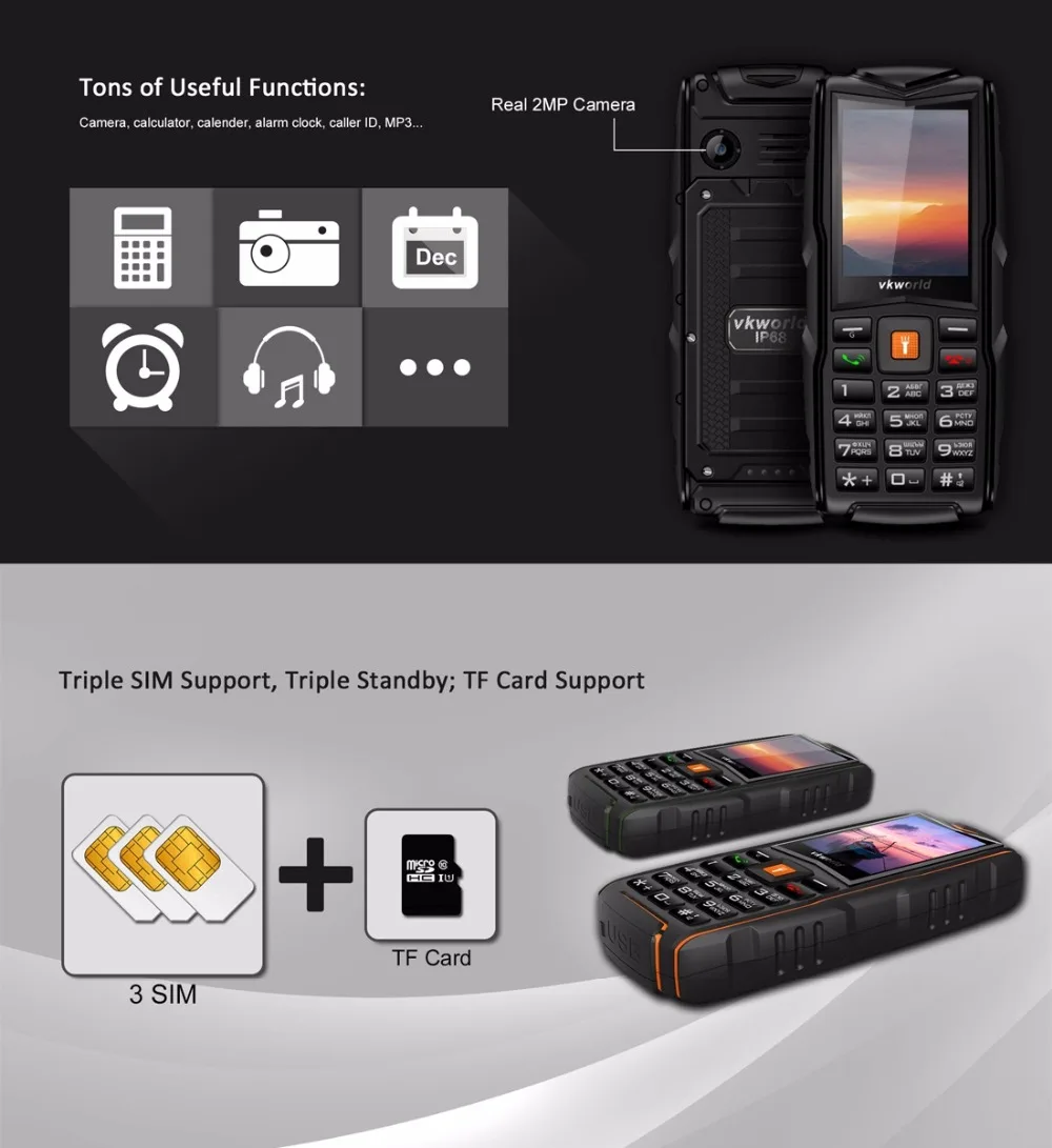 VKWorld New Stone V3 Waterproof Mobile Phone IP68 2.4 inch GSM FM Russian Keyboard 3 SIM Cards Slot 3000mAh Cellphone LED Light | Мобильные