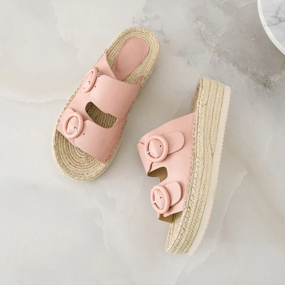 Женские шлепанцы на танкетке FOREADA летние из натуральной кожи с пряжкой и открытым