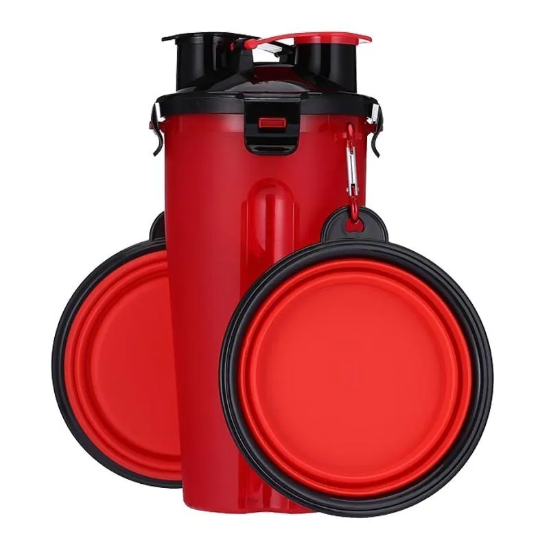 red Дорожная Бутылка Для Кормления Собаки 2 в 1 ABS для воды, еды двойного назначения, складная миска для домашних животных, для кошек, на открытом воздухе, удобная для переноски бутылка для дрессировки собак - Цвет: red