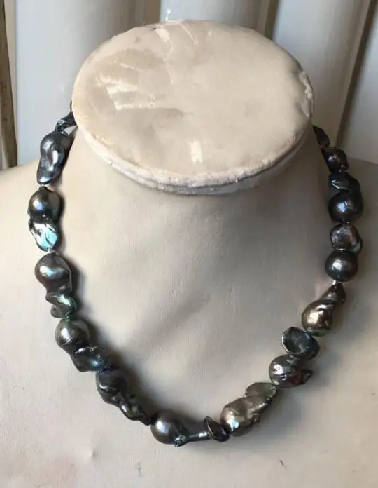 

free shipping AAA Classic 13x22-13x29mm black Baroque Freshwater Pearl Necklace 18.3inch